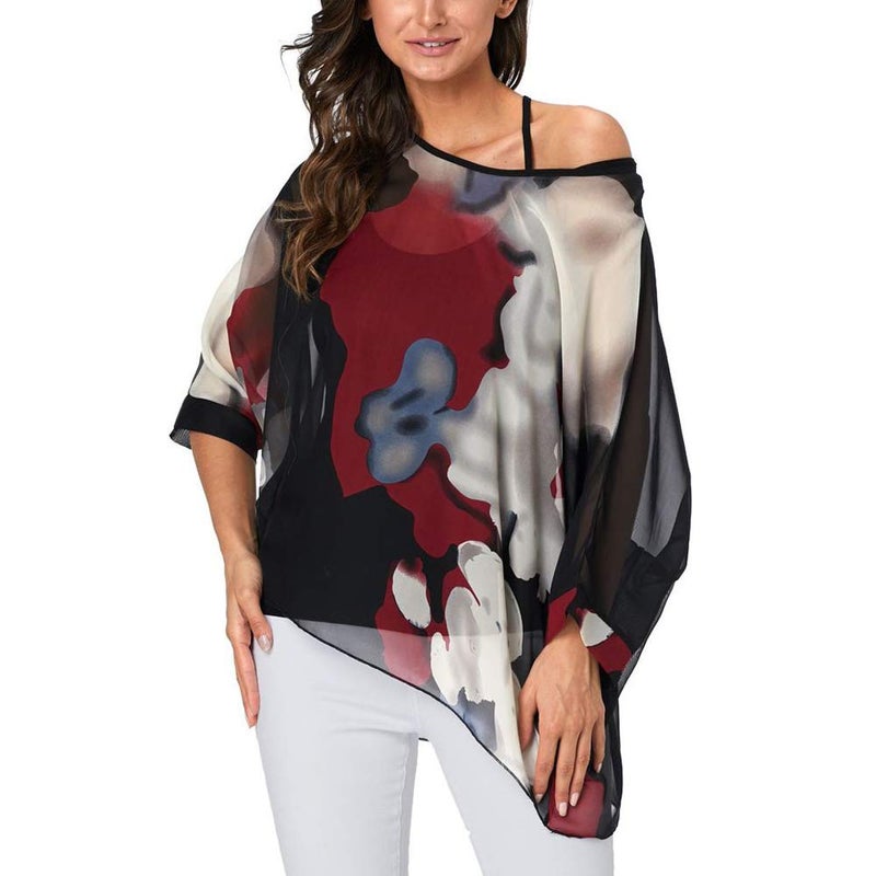 Ckikiou Plus Size Batwing Flowy Semi Sheer Chiffon Blouse Tunic for Women Summer Floral Print Boho Beach Cover ups - Image 5